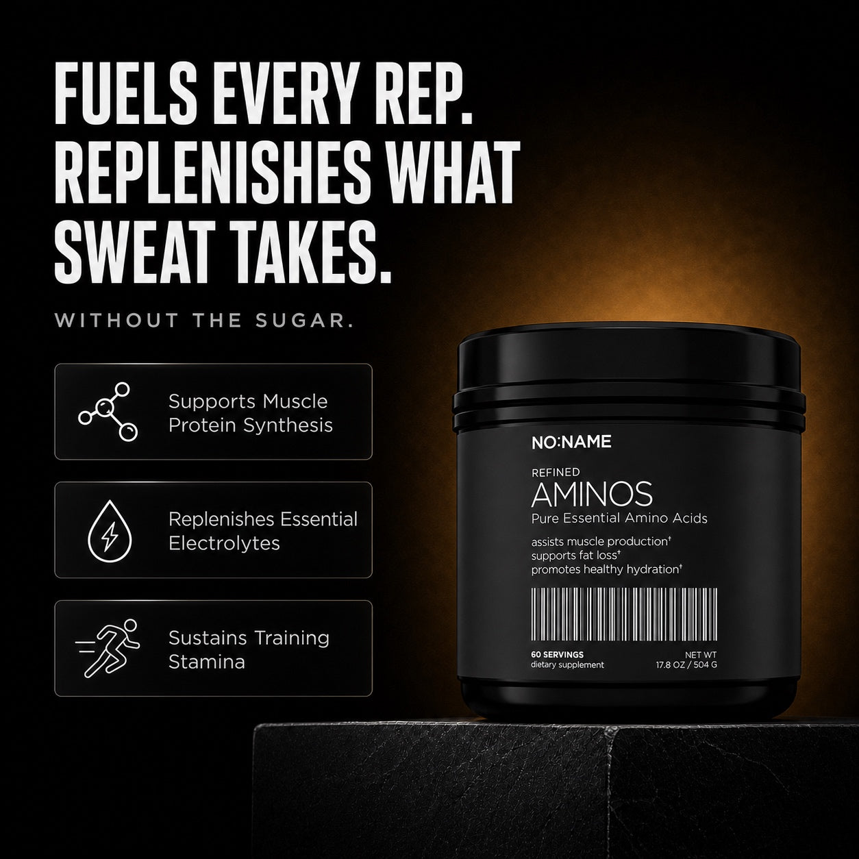 NO NAME Essential Aminos and Electrolytes benefits: complete essential amino acids, hydration, recovery, and endurance