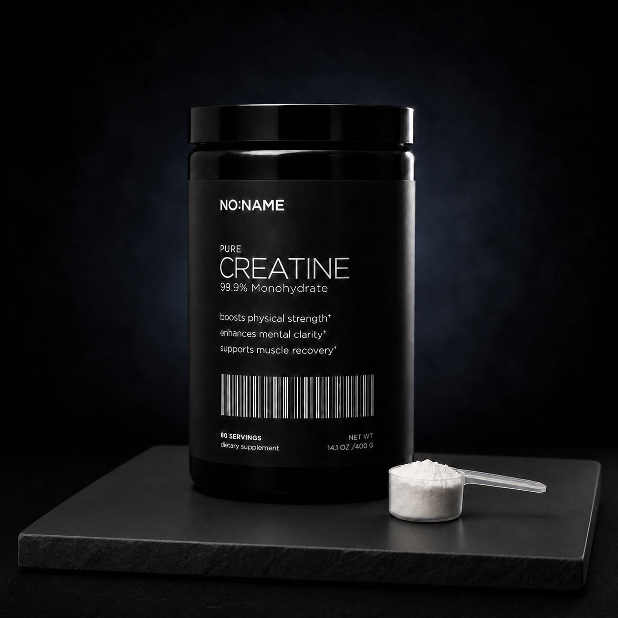 NO NAME Pure Creatine Monohydrate with serving scoop on black slate