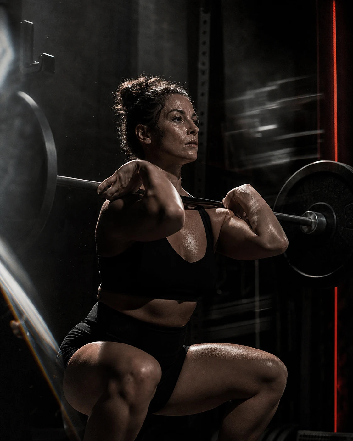 Athlete completing a focused barbell repetition in a dark gym