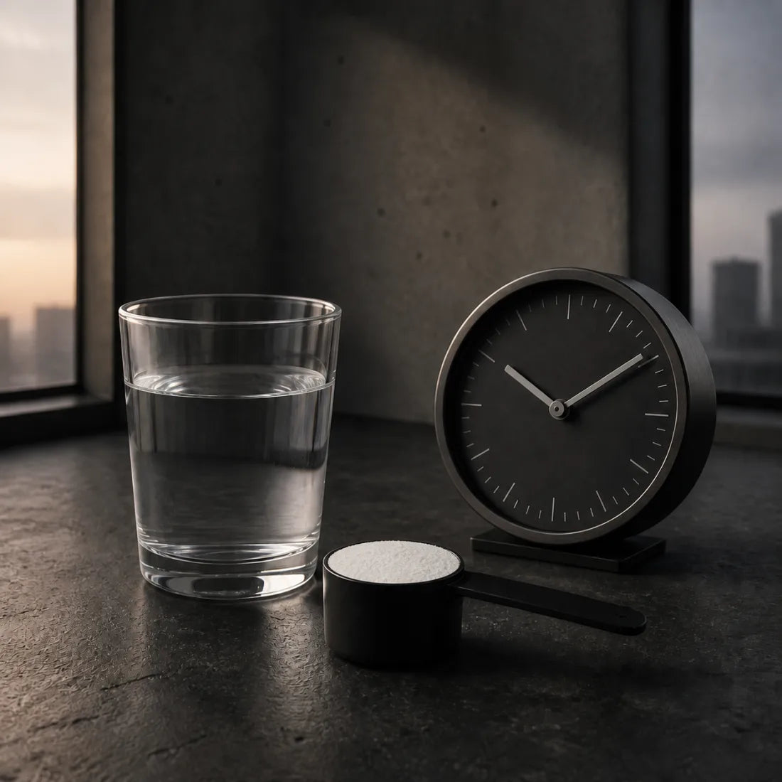 A scoop and glass beside a simple clock