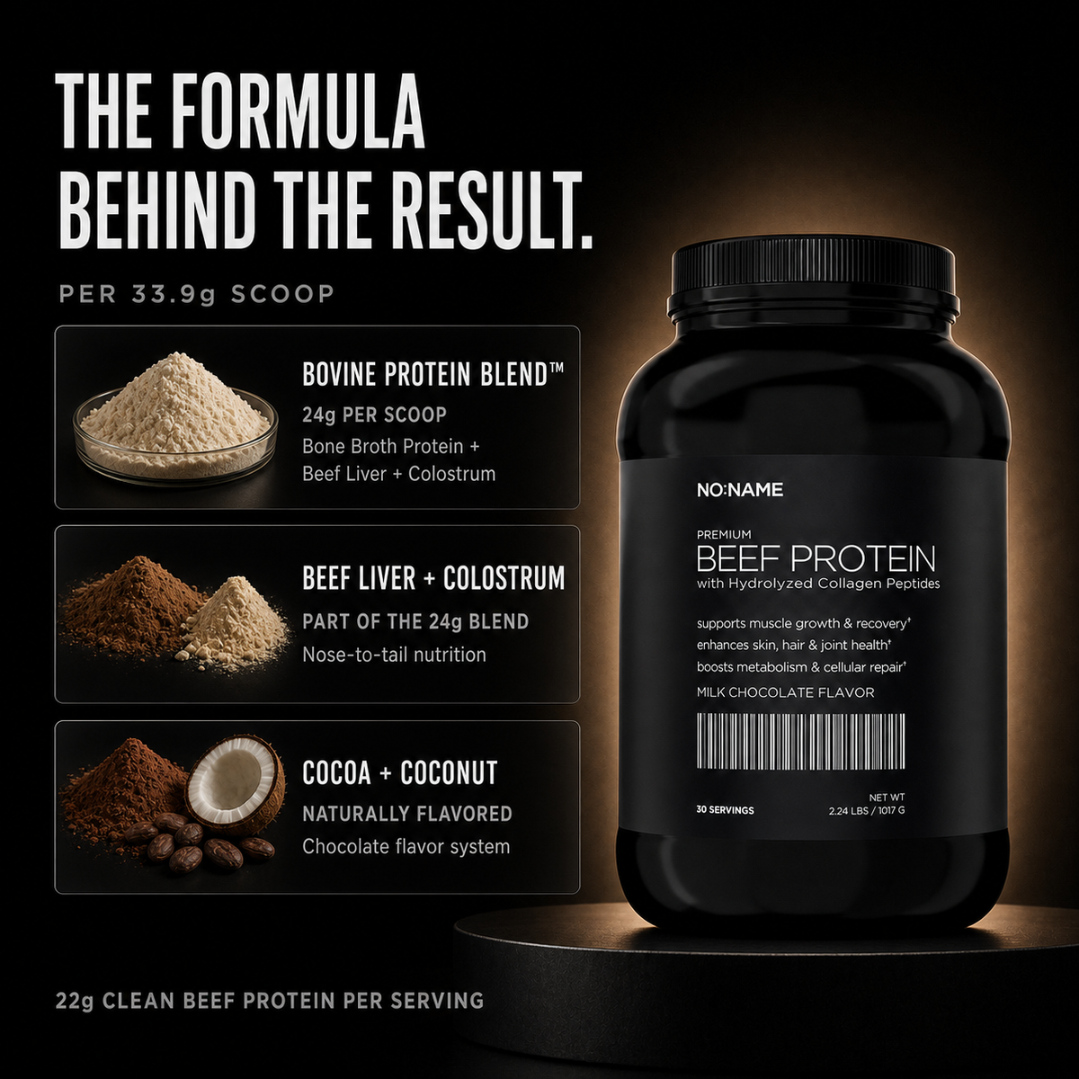 NO NAME Nose-To-Tail Beef Protein formula: 24g bovine protein blend with beef liver, colostrum, cocoa and coconut