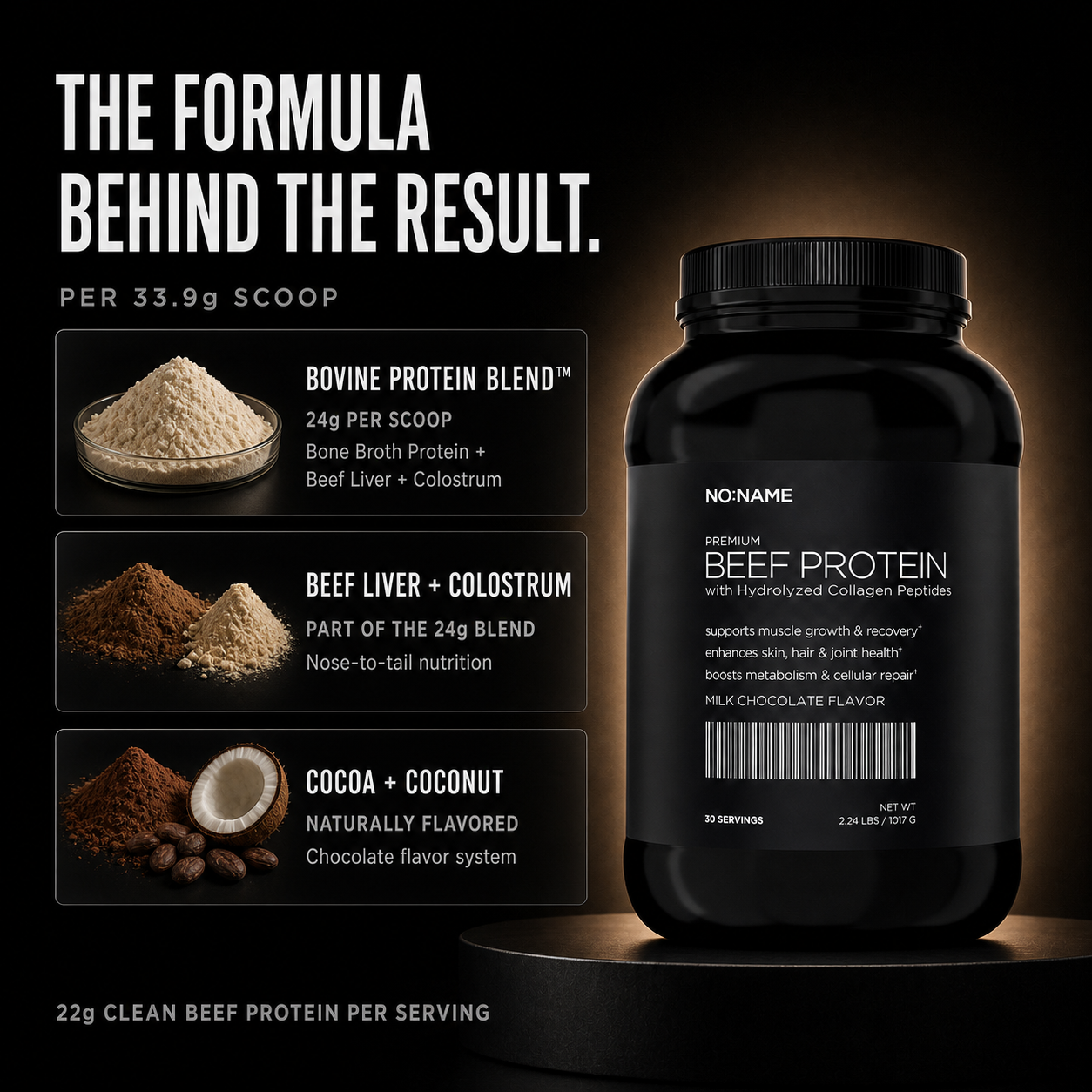 NO NAME Nose-To-Tail Beef Protein formula: 24g bovine protein blend with beef liver, colostrum, cocoa and coconut