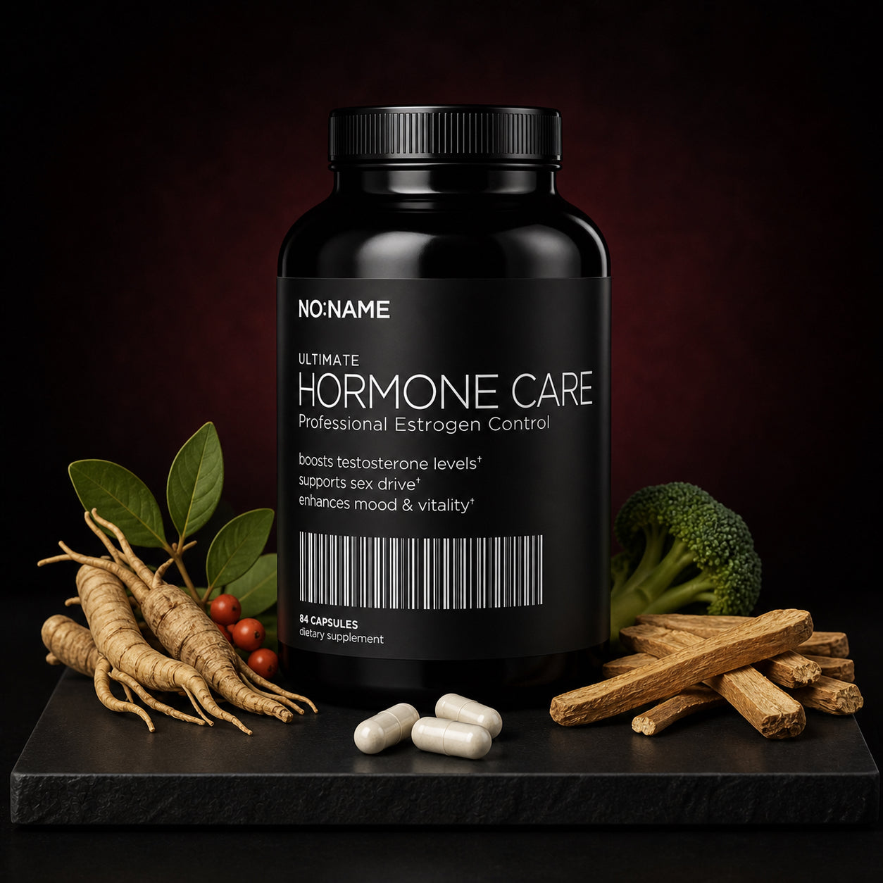 NO NAME Clinical Hormone Support with ashwagandha, Tongkat Ali, DIM and capsules on black slate