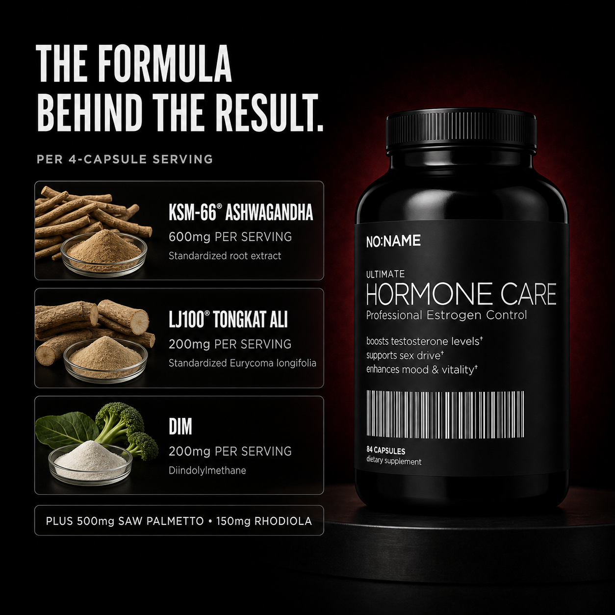 NO NAME Clinical Hormone Support formula: KSM-66 ashwagandha, LJ100 Tongkat Ali and DIM