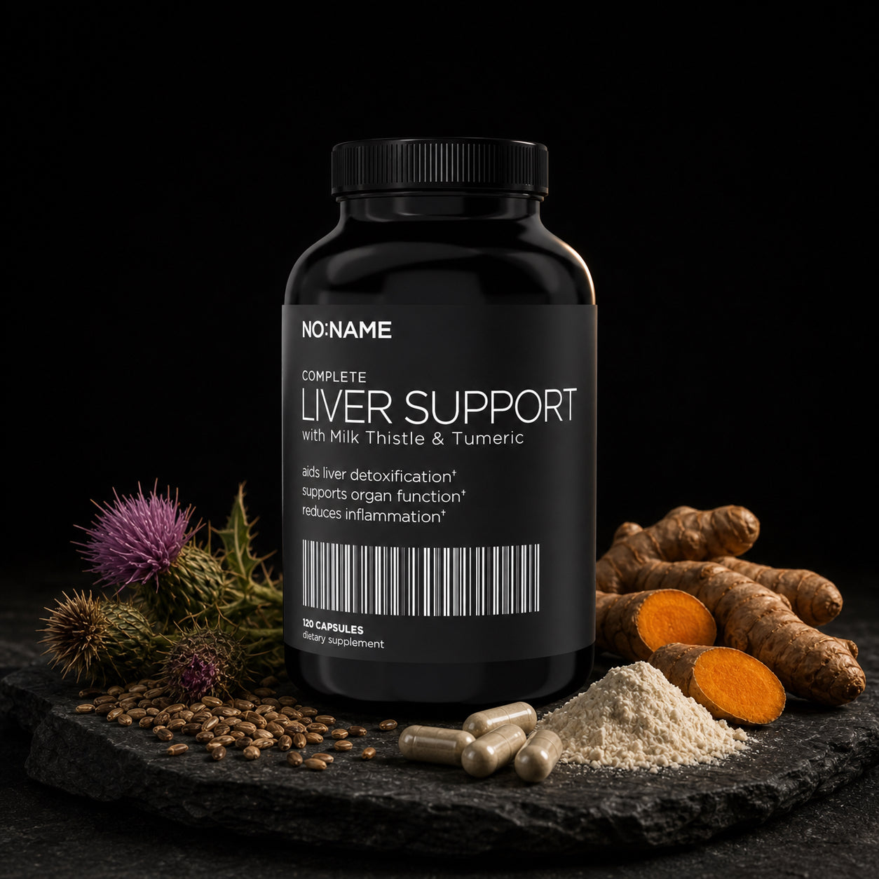 NO NAME Clinical Liver Support with milk thistle, turmeric, NAC and glutathione ingredients on black slate