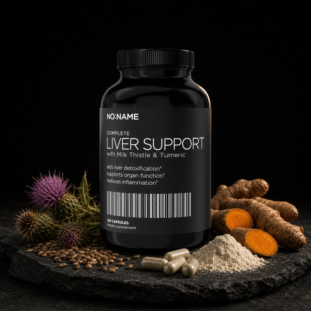 NO NAME Clinical Liver Support with milk thistle, turmeric, NAC and glutathione ingredients on black slate