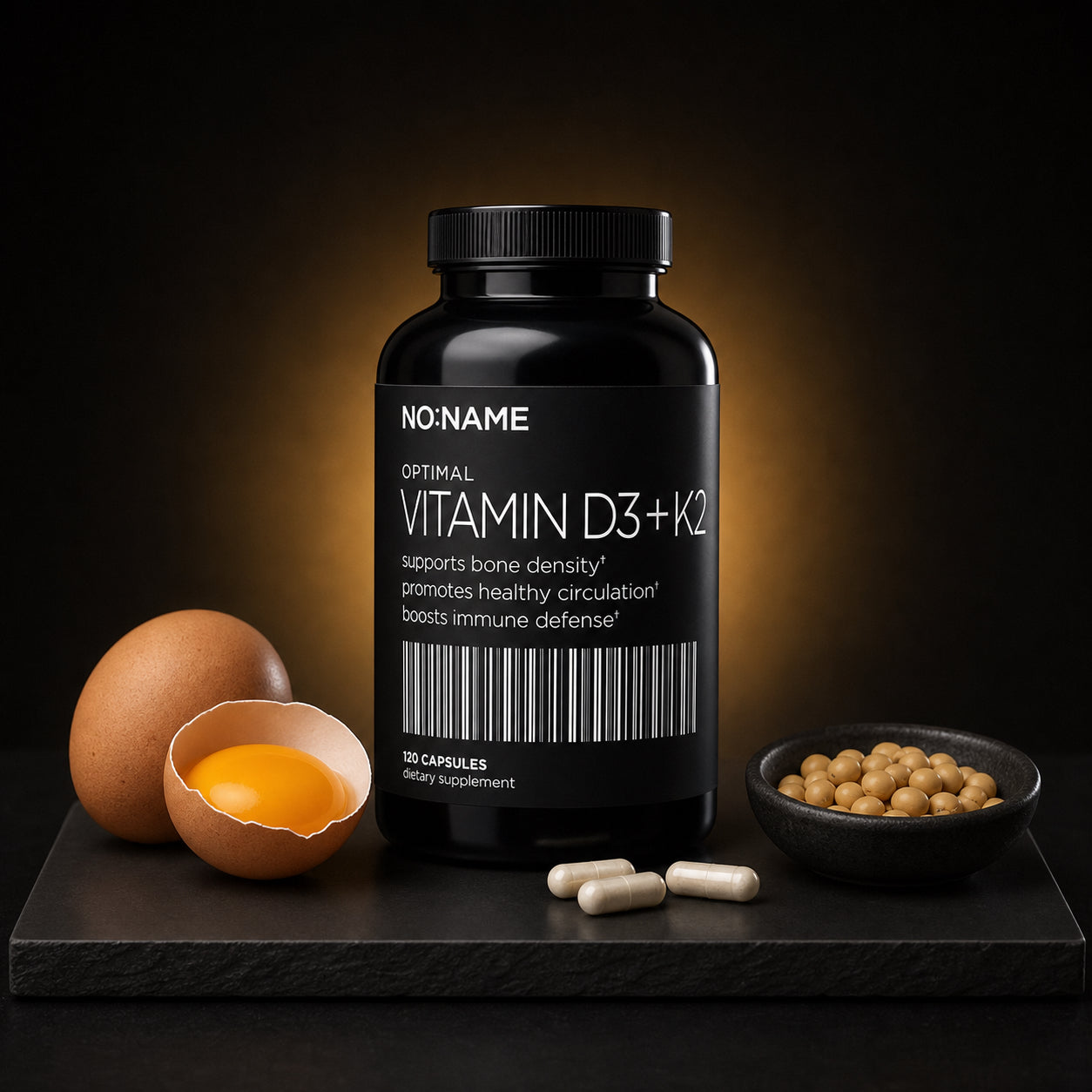NO NAME High-Potency Vitamin D3 and K2 with egg yolk, MK-7 source and capsules on black slate