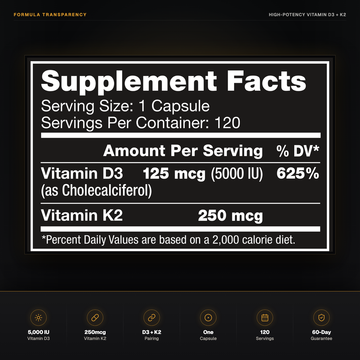 NO NAME High-Potency Vitamin D3 and K2 Supplement Facts with 5000 IU vitamin D3, 250 micrograms vitamin K2 and 120 servings