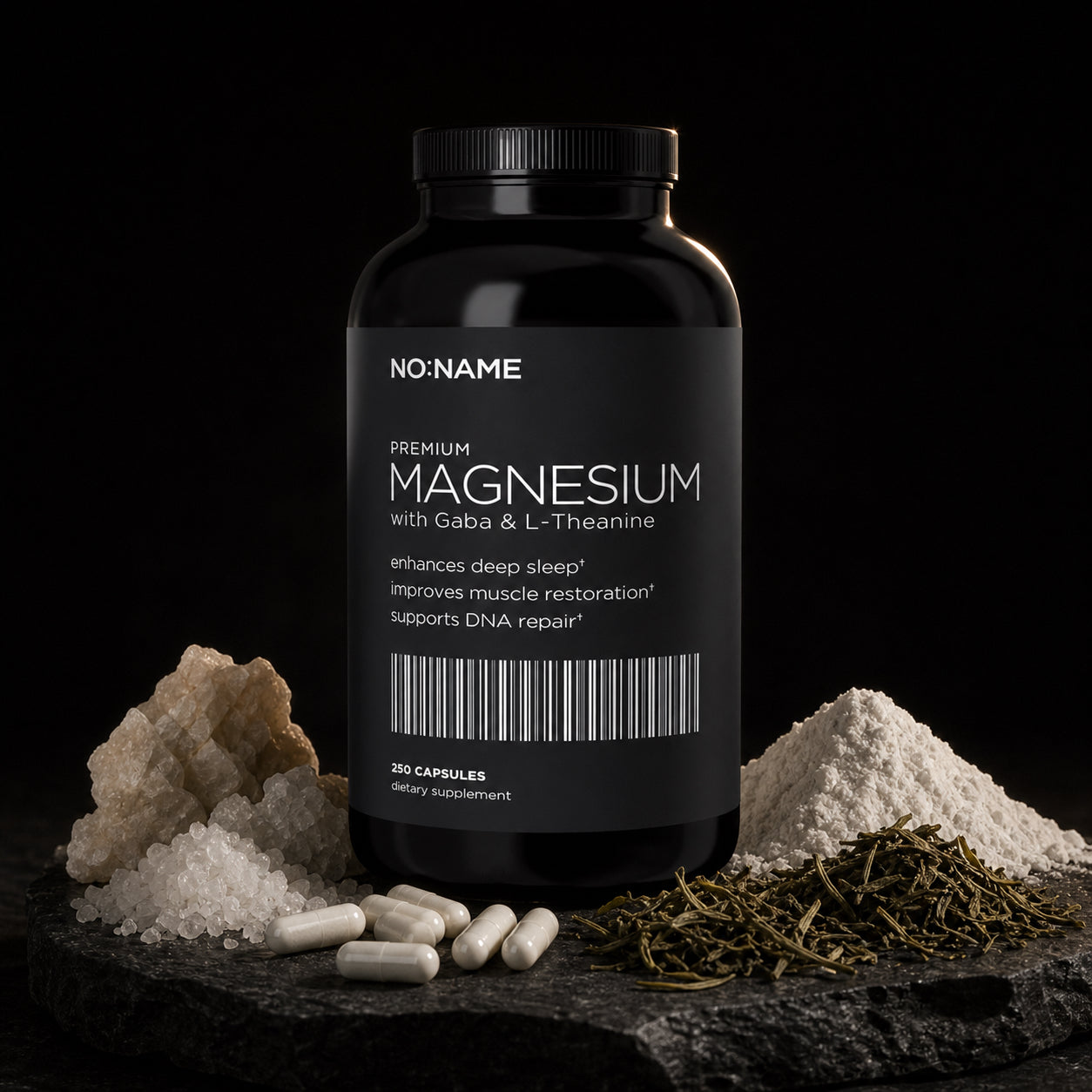 NO NAME Magnesium Bisglycinate with GABA, L-Theanine, mineral crystals and capsules on black slate