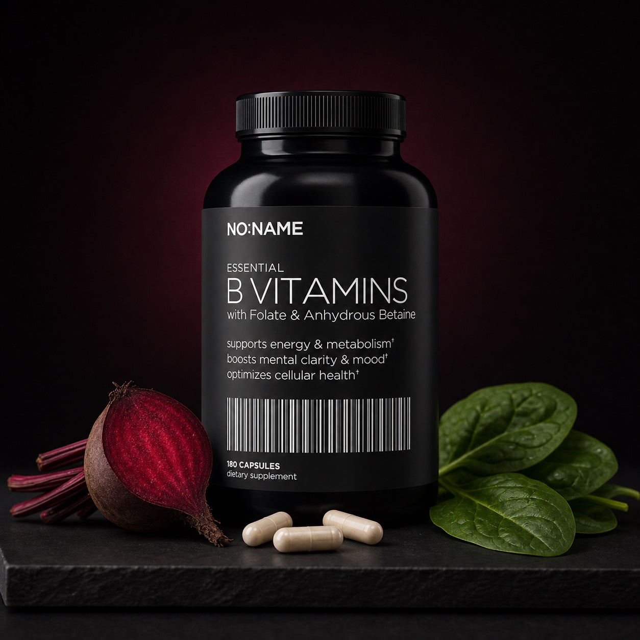 NO NAME Methylated B-Complex with TMG, beet, folate-rich spinach and capsules on black slate