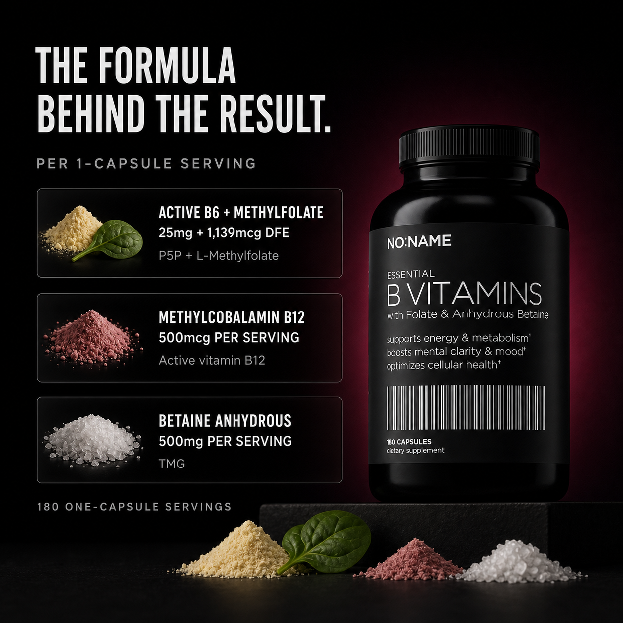 NO NAME Methylated B-Complex formula: active B6, methylfolate, methylcobalamin B12 and 500mg TMG