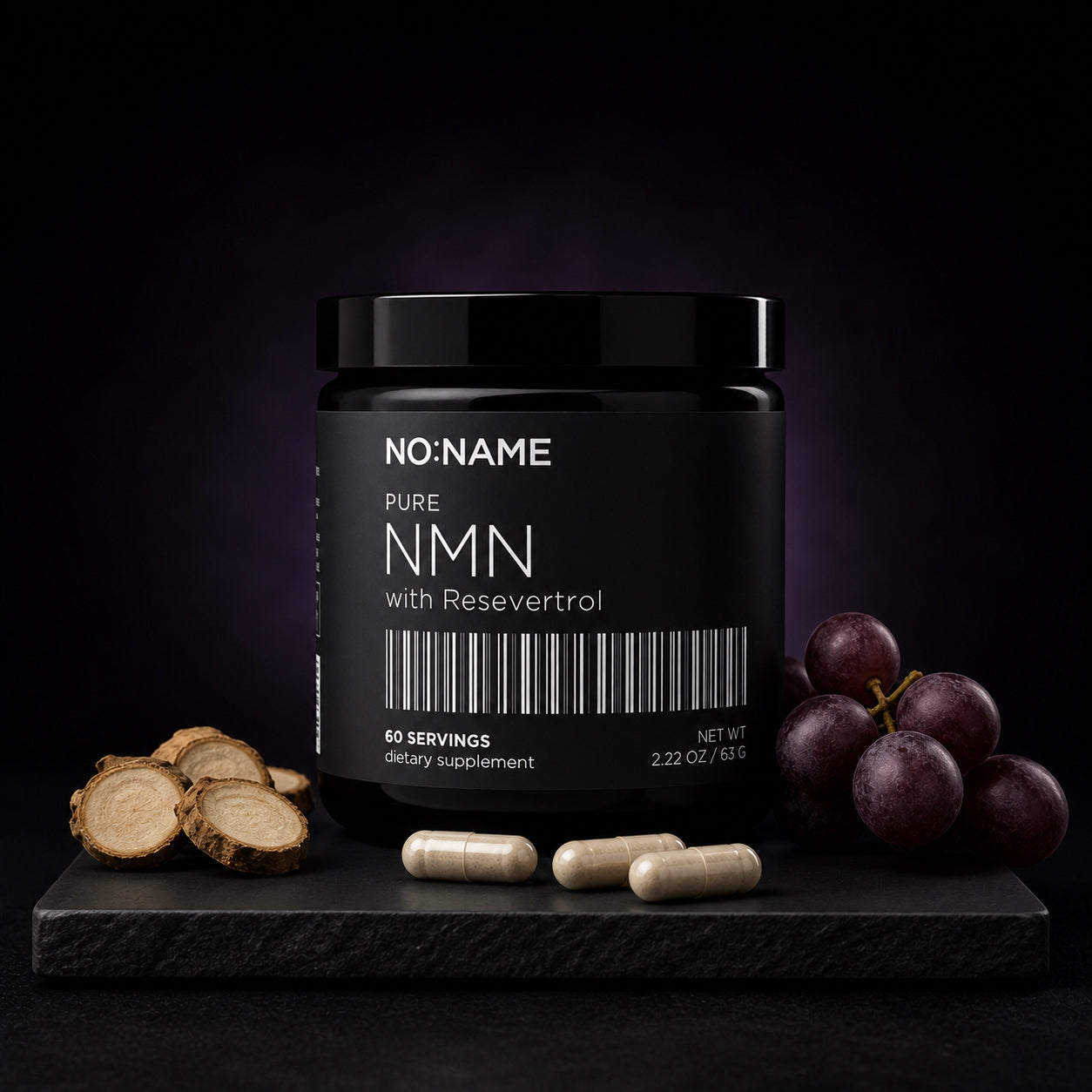 NO NAME Pure NMN with trans-resveratrol ingredients and capsules on black slate