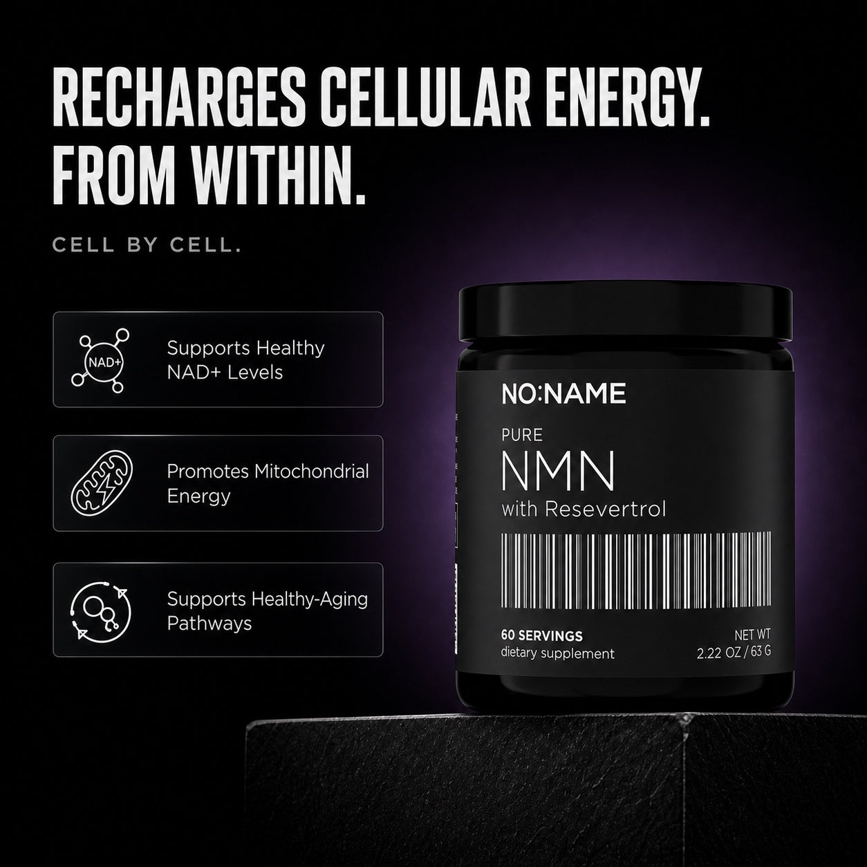 NO NAME Pure NMN and Trans-Resveratrol benefits: cellular energy, healthy aging, and antioxidant support