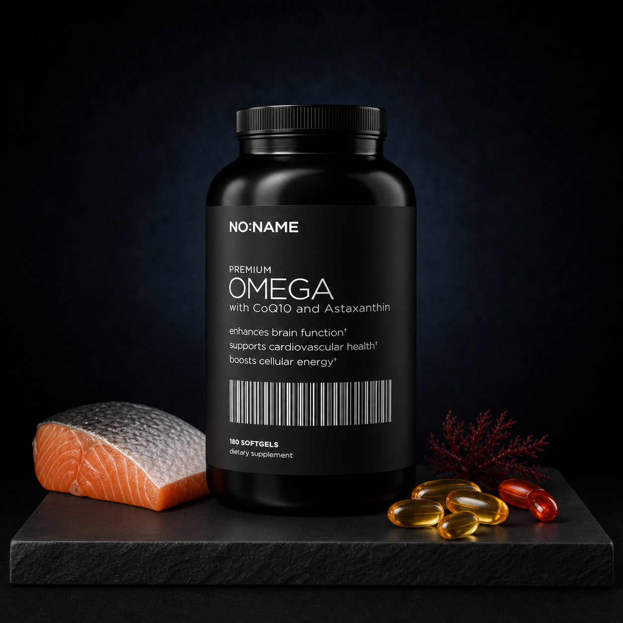 NO NAME Triple-Strength Omega-3 with salmon, CoQ10 and astaxanthin softgels on black slate