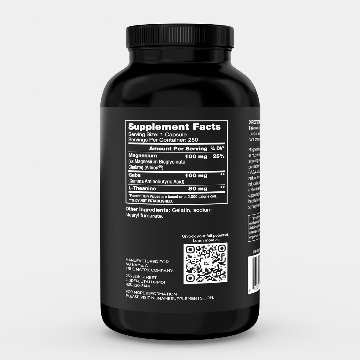 NO:NAME Magnesium Bisglycinate plus GABA and L-theanine label showing one capsule, 250 servings, and the exact amount of each active
