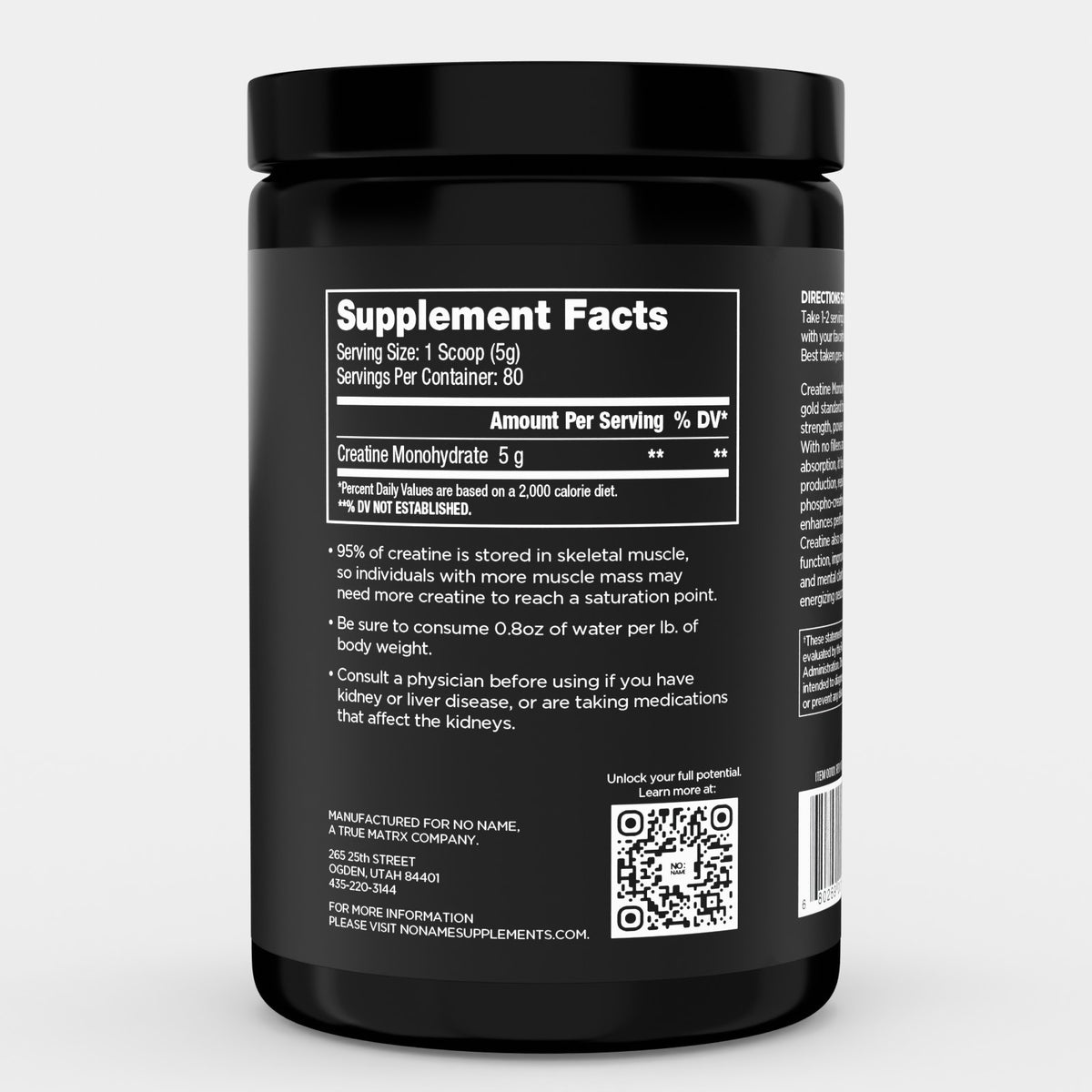 NO:NAME Pure Creatine Monohydrate label showing one 5 g scoop, 80 servings, and 5 g creatine monohydrate per serving