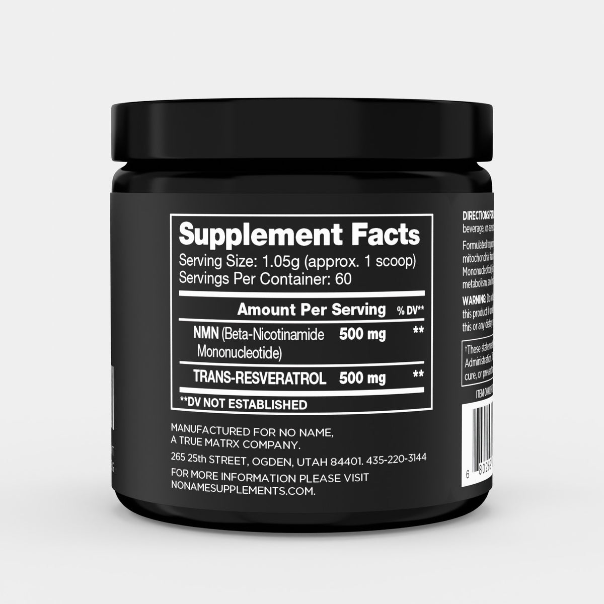NO:NAME NMN and Trans-Resveratrol label showing an approximately 1.05 g scoop, 60 servings, 500 mg NMN, and 500 mg trans-resveratrol