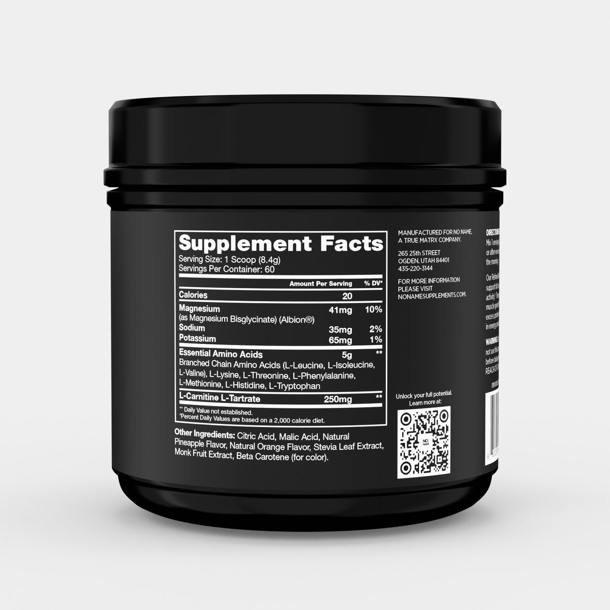 NO:NAME Essential Aminos and Electrolytes label showing an 8.4 g serving, 60 servings, a 5 g essential amino acid blend, 250 mg L-carnitine L-tartrate, and electrolyte amounts