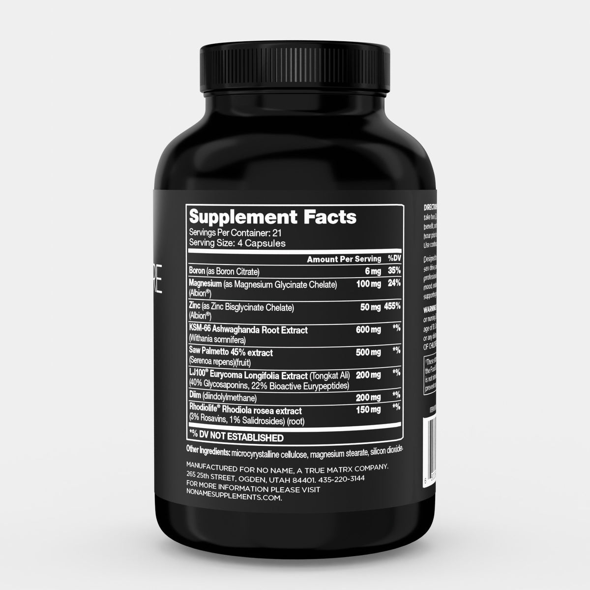 NO:NAME Clinical Hormone Support label showing four capsules, 21 servings, three minerals, and five botanical or compound entries with exact amounts