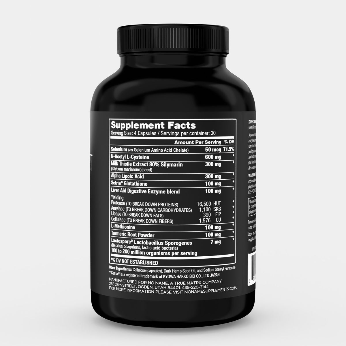 NO:NAME Clinical Liver Support label showing a four-capsule serving, 30 servings, and the complete disclosed multi-active Supplement Facts panel