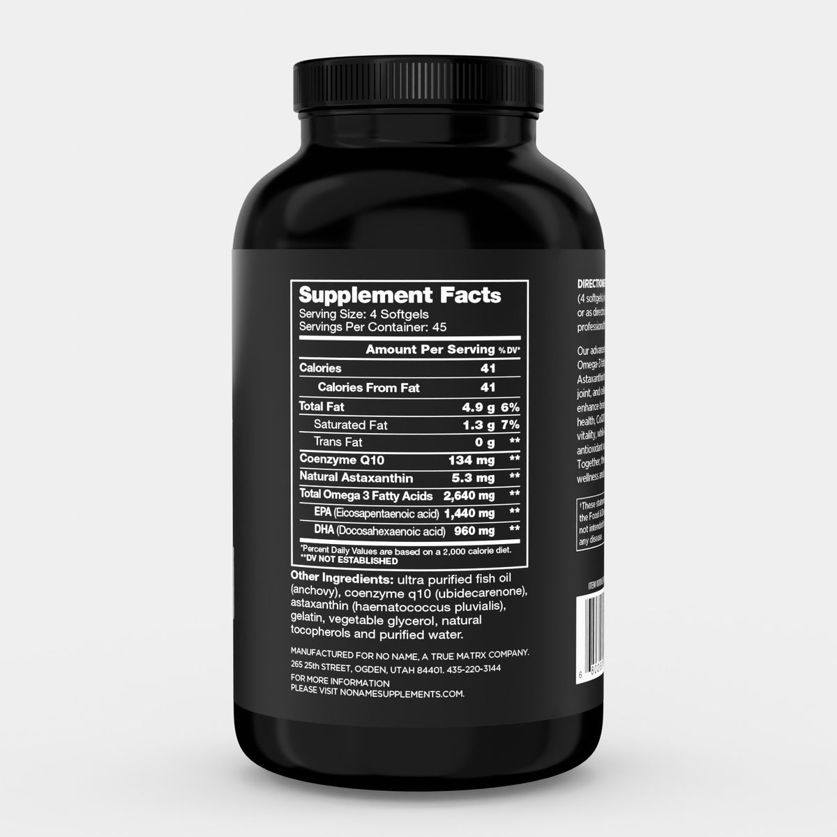 NO:NAME Omega-3 Fish Oil label showing four softgels, 45 servings, 2,640 mg total omega-3s, 1,440 mg EPA, 960 mg DHA, 134 mg CoQ10, and 5.3 mg astaxanthin