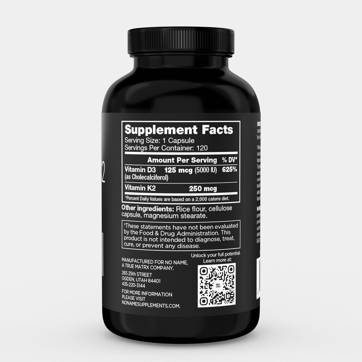 NO:NAME Vitamin D3 plus K2 label showing one capsule, 120 servings, 125 mcg or 5,000 IU vitamin D3, and 250 mcg vitamin K2