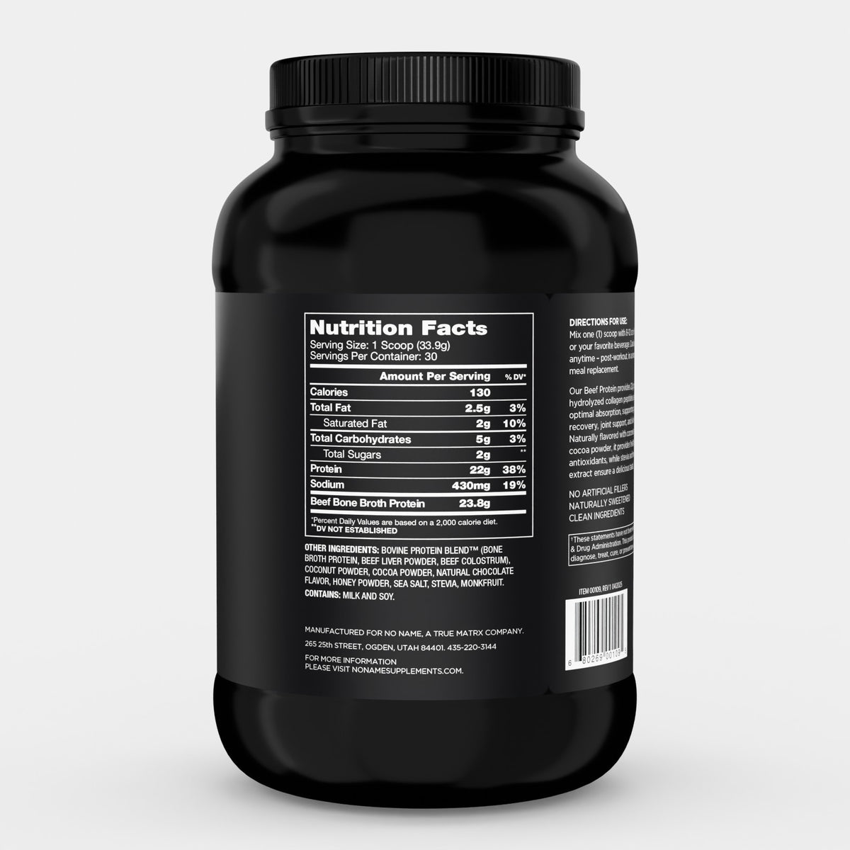 NO:NAME Beef Protein Nutrition Facts showing a 33.9 g serving, 130 calories, 22 g protein, 23.8 g beef bone broth protein, other ingredients, and contains milk and soy