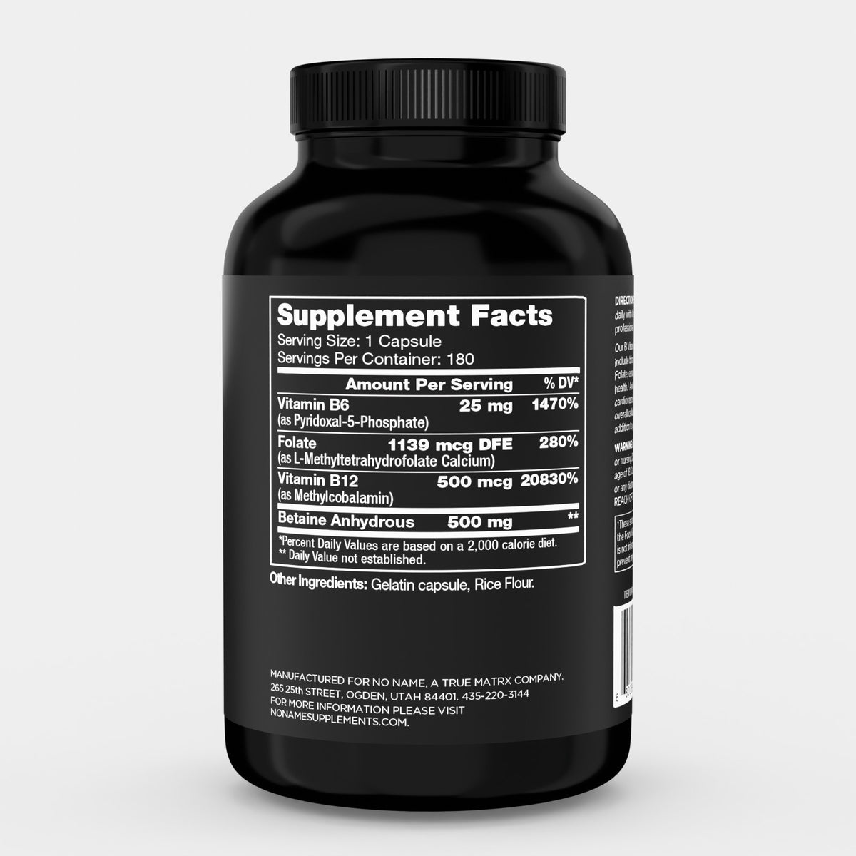 NO:NAME Vitamin B-Complex plus TMG label showing one capsule, 180 servings, vitamin B6, folate, vitamin B12, and betaine anhydrous amounts