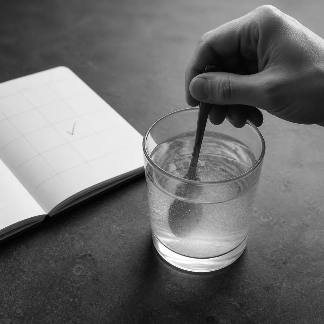 A plain daily mixing routine with a glass, notebook, and white powder